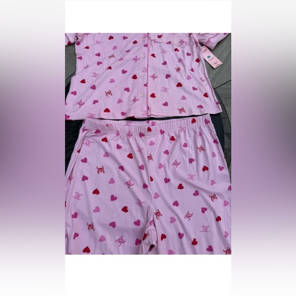 Juicy Couture Heart Logo Pajama Set Sleepwear Shirt/Pants JC Toss Pink  New - Picture 9 of 9